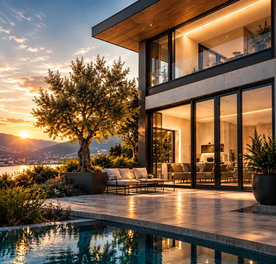 Facade with large windows and French doors at sunset