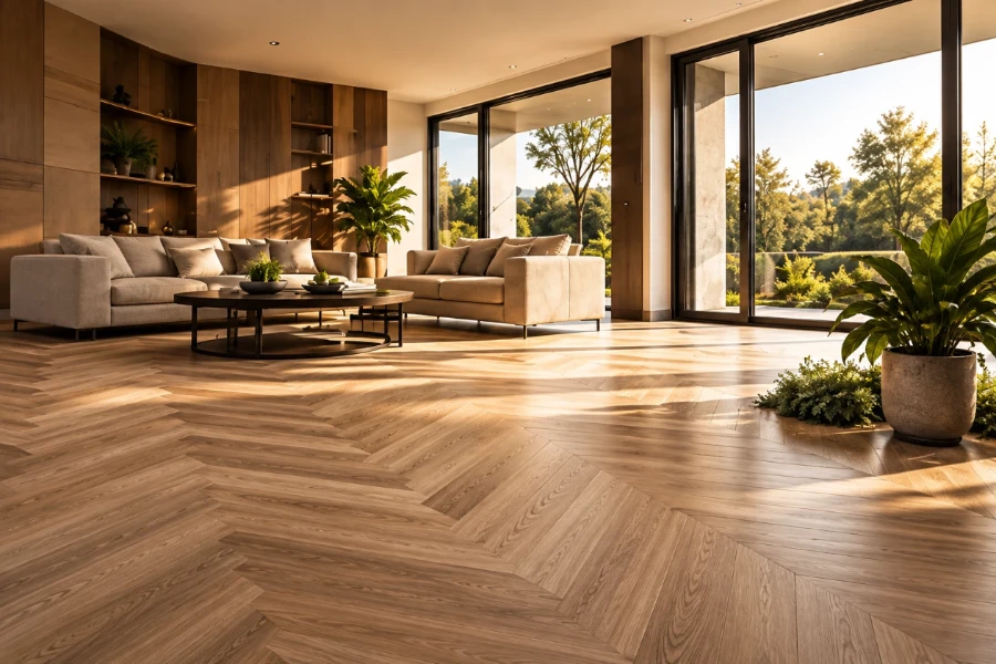 Living room with a herringbone wood floor