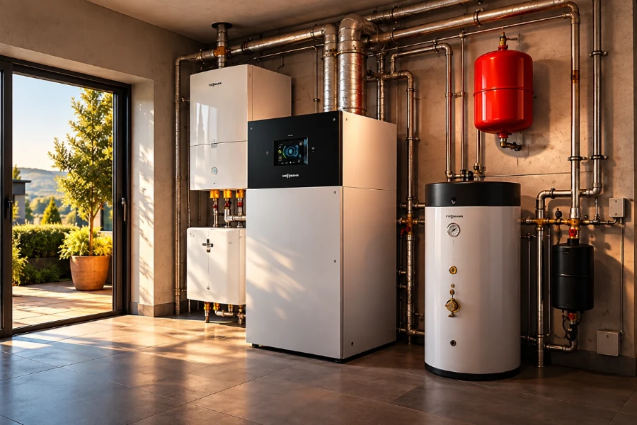 Technical room with a heat pump and boiler