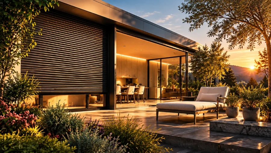 Modern house with an exterior roller shutter lowered, at sunset