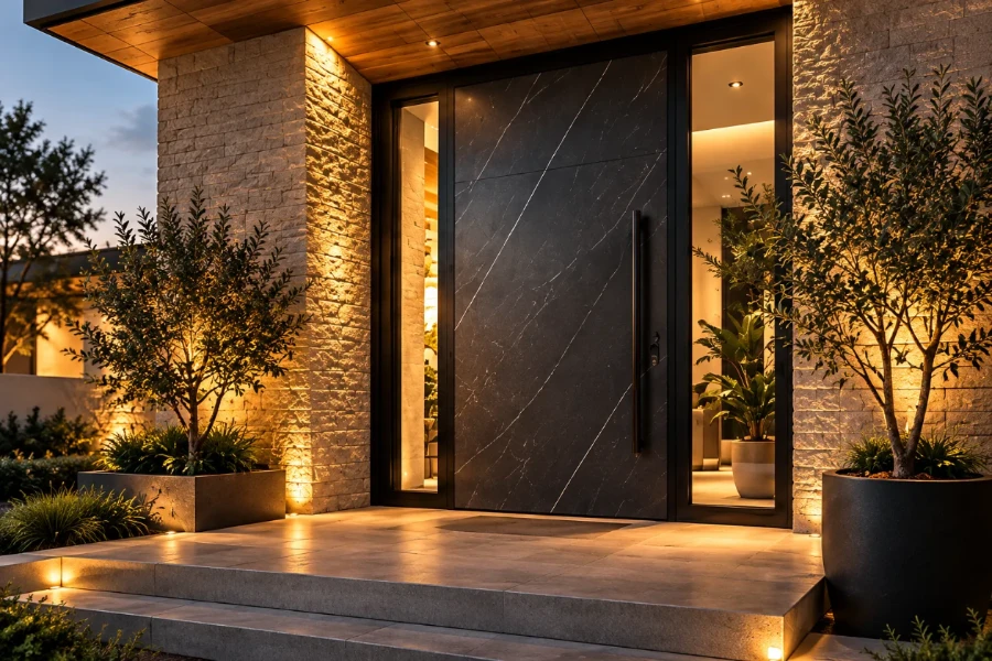 Entrance door with a dark panel between stone walls