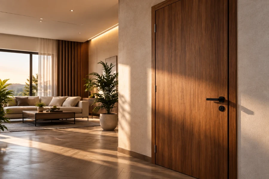 Wood-veneer interior door next to a bright living room