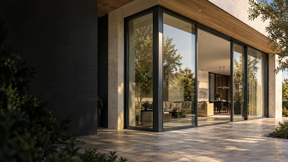 Corner of a modern house with black aluminium glazed walls, at sunset