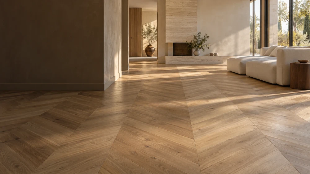 Bright living room with a herringbone wood floor in the afternoon light