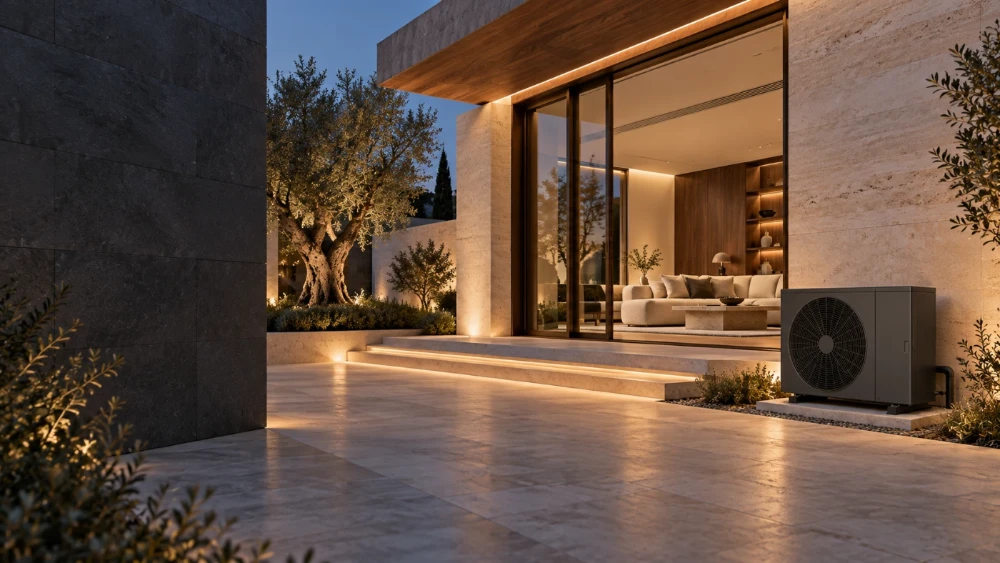 Modern house in the evening, with a heat pump installed next to the terrace