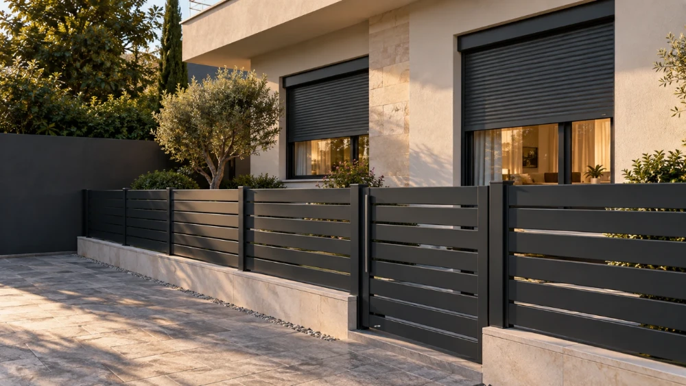 Modern house with lowered anthracite exterior shutters and an aluminium slat fence, at sunset