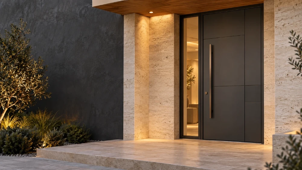 Anthracite entrance door with a sidelight and a bar handle, between travertine walls, in the evening