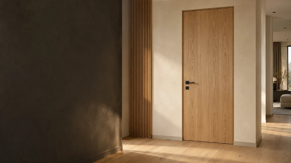 Oak-veneer interior door with a black handle, in a bright hallway