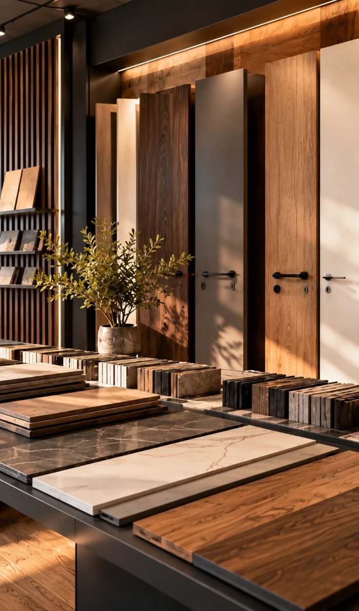 Door, flooring and stone samples on display in a showroom