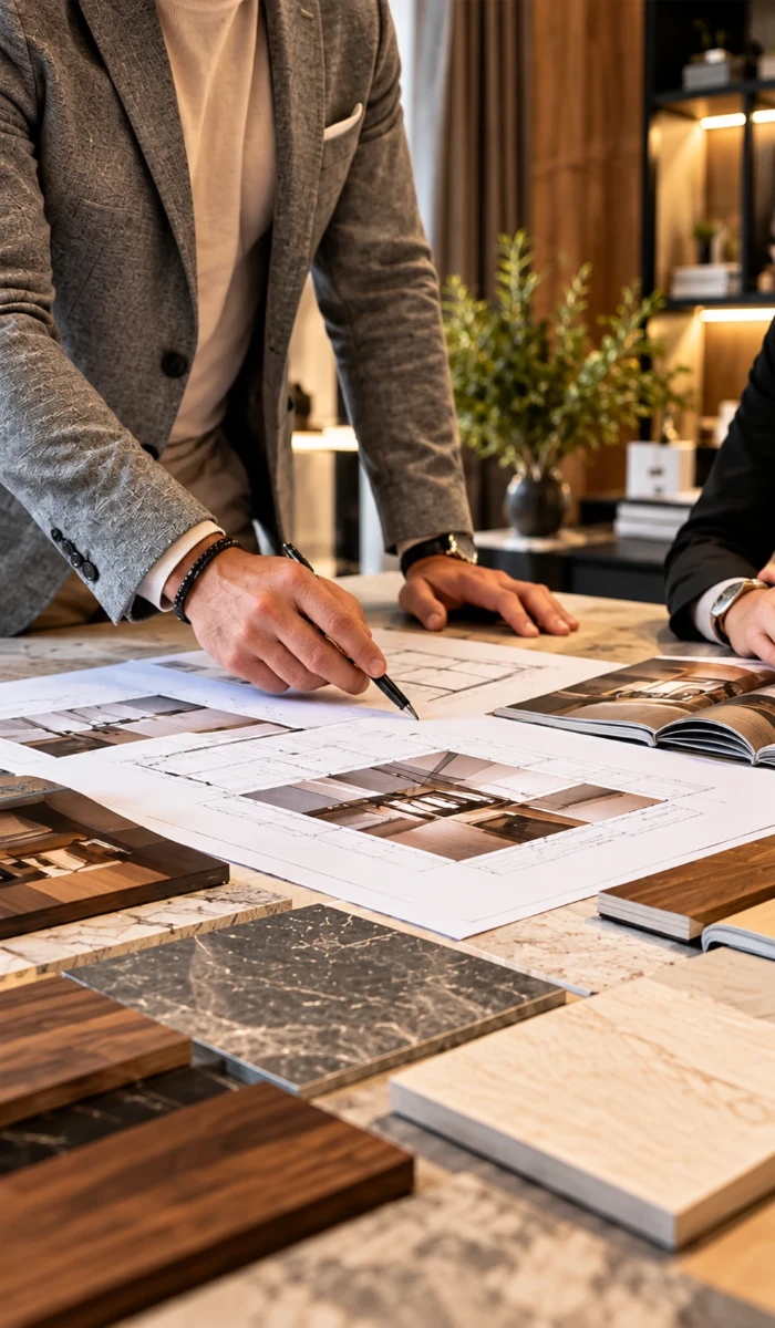 Discussion over plans, with material samples on the table