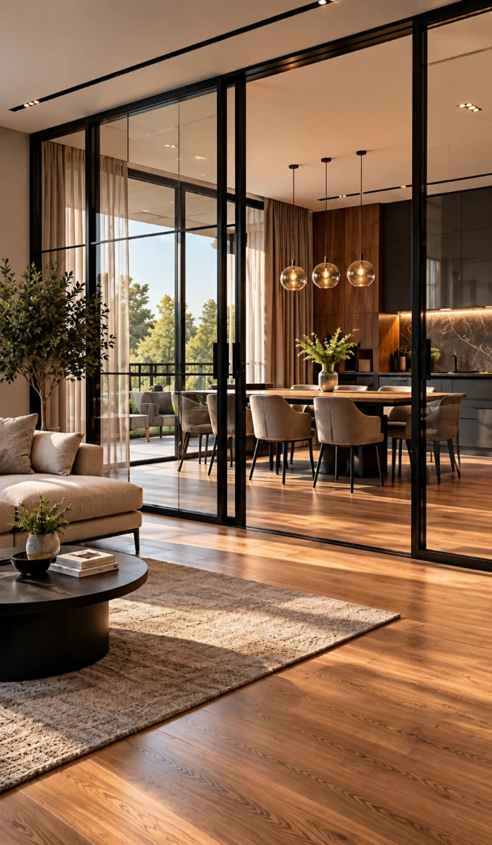 Living room open to the kitchen, separated by sliding glass walls with black profiles