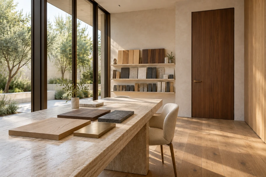 Bright interior with material samples, large windows, a wooden door and natural flooring.