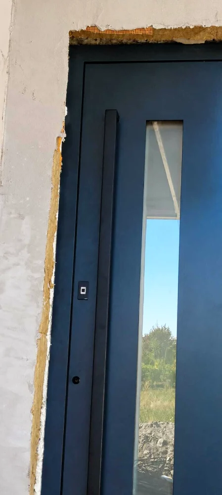 Detail of an anthracite entrance door with vertical glass and fingerprint opening