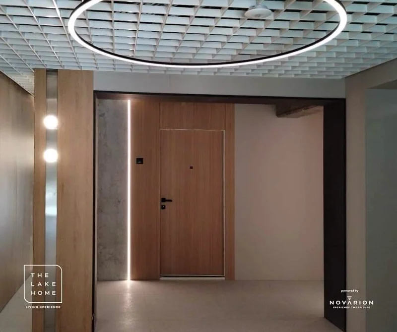 Ușă de apartament cu decor lemn și panouri decorative în același decor