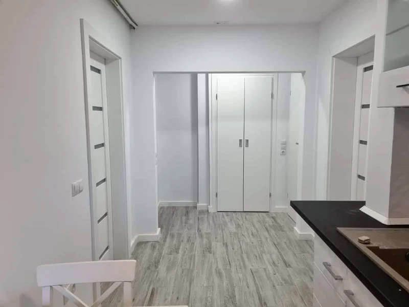 White interior doors in an open space, next to the kitchen