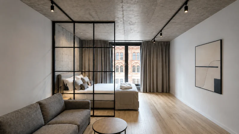 Aluminium and glass partition in a bedroom, made to the client’s size